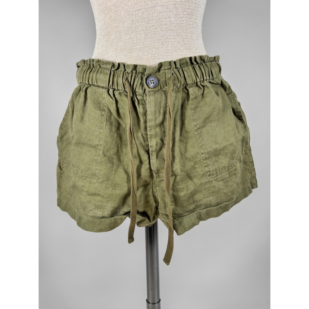 Linen Blend Shorts Womens Medium Olive Green Excellent Paperbag Waist